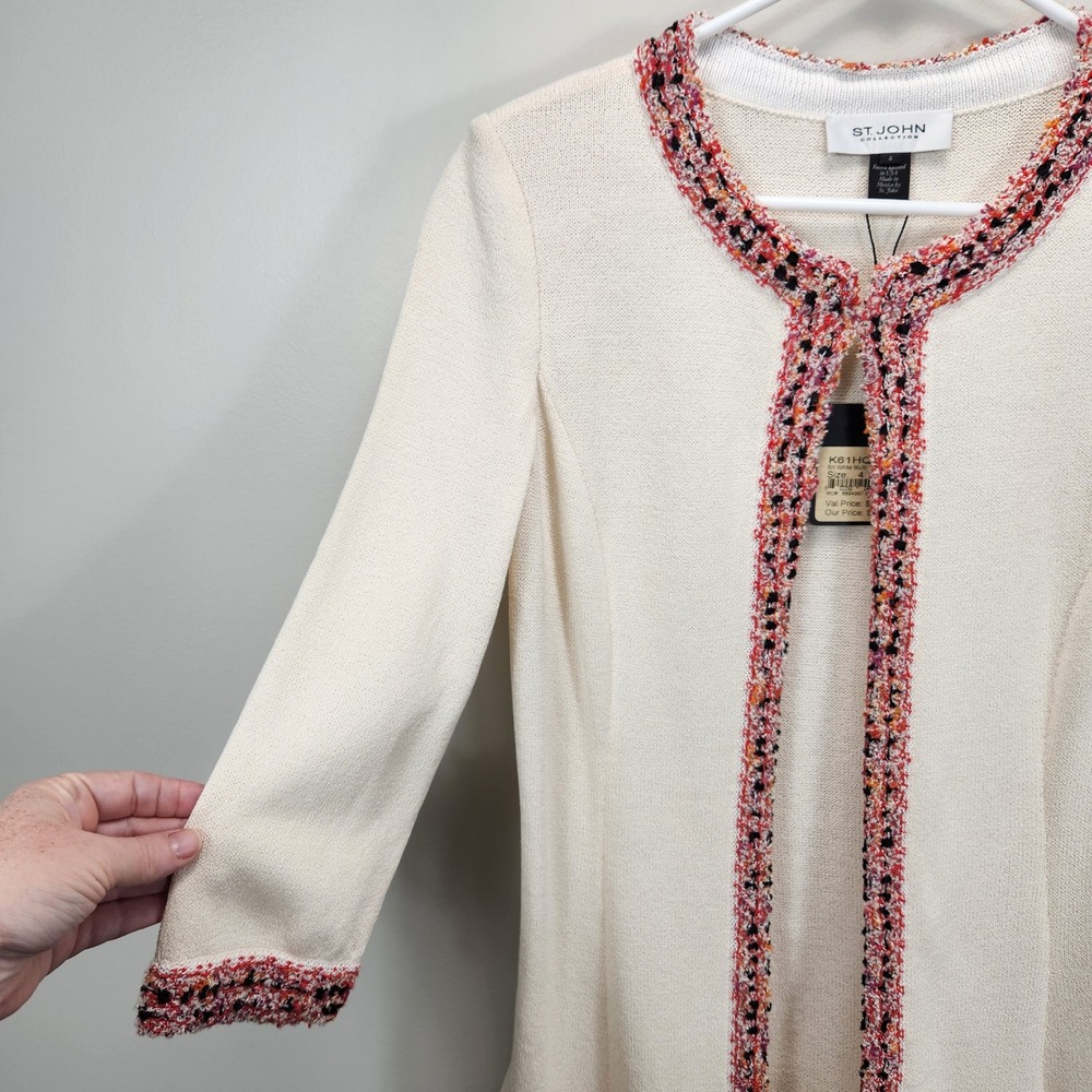 St John Collection White Knit Long Cardigan Jacket Tweed‎ Trim K61HQA3 Womens 4 - Picture 5 of 11